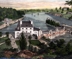 Detail from [A View of the Fairmount Waterworks with Schuylkill in the Distance. Taken from the Mount.] ([Philadelphia: Printed and Published by J. T. Bowen, 1838]). Lithograph, hand-colored. Library Company of Philadelphia.